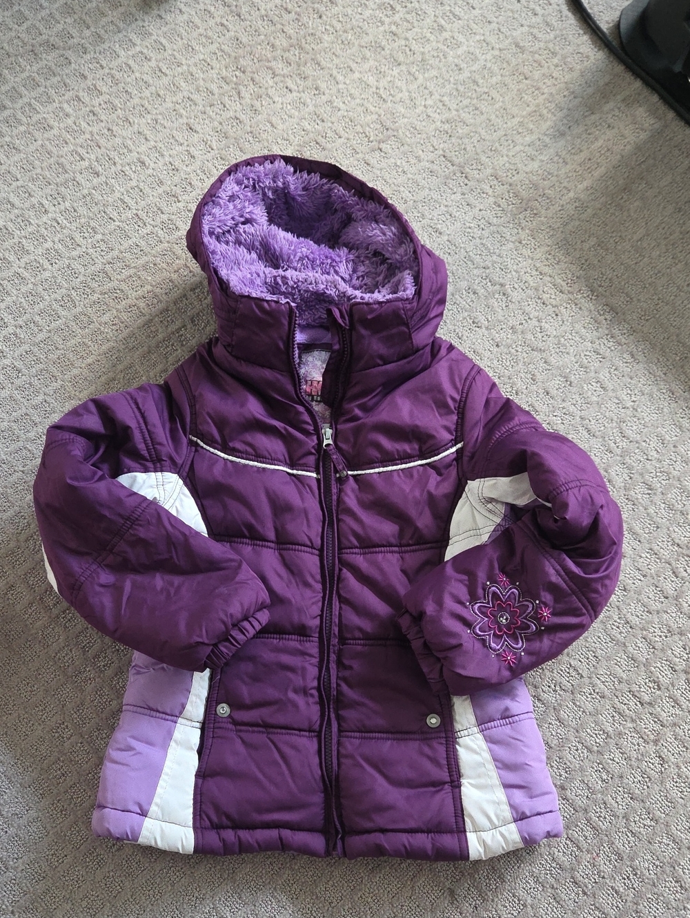Girls Purple Puffer Jacket with Faux-Fur Hood